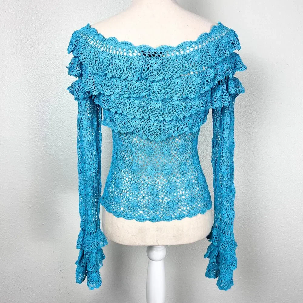 Lipsy London Turquoise Crochet Lace Off Shoulder Long Sleeve Top UK 14 Y2K Boho - Picture 3 of 5